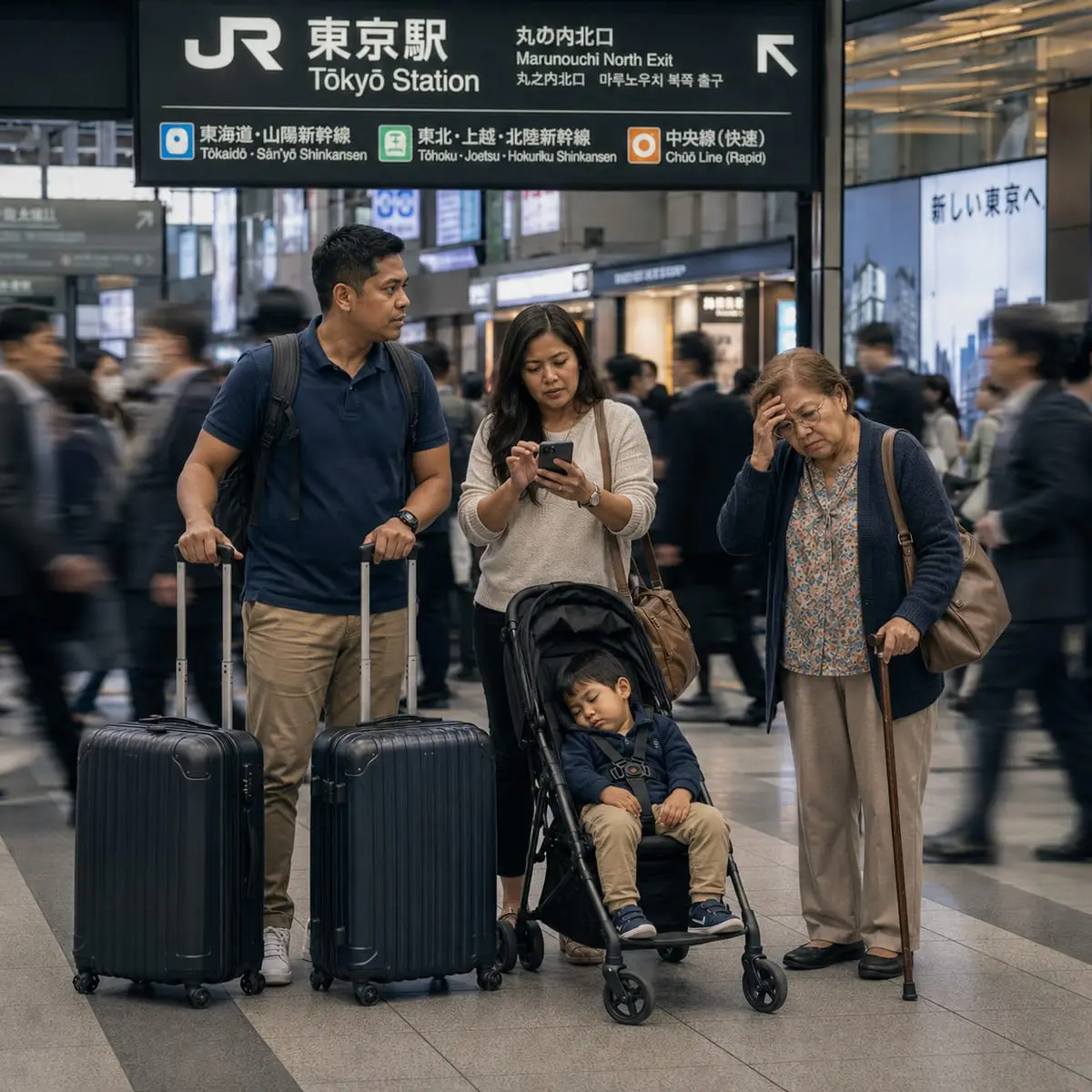 A family with luggage and a stroller stalled at Tokyo Station, checking a phone as commuters hurry past