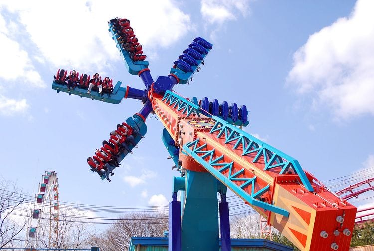 A spinning thrill ride against blue sky at Everland